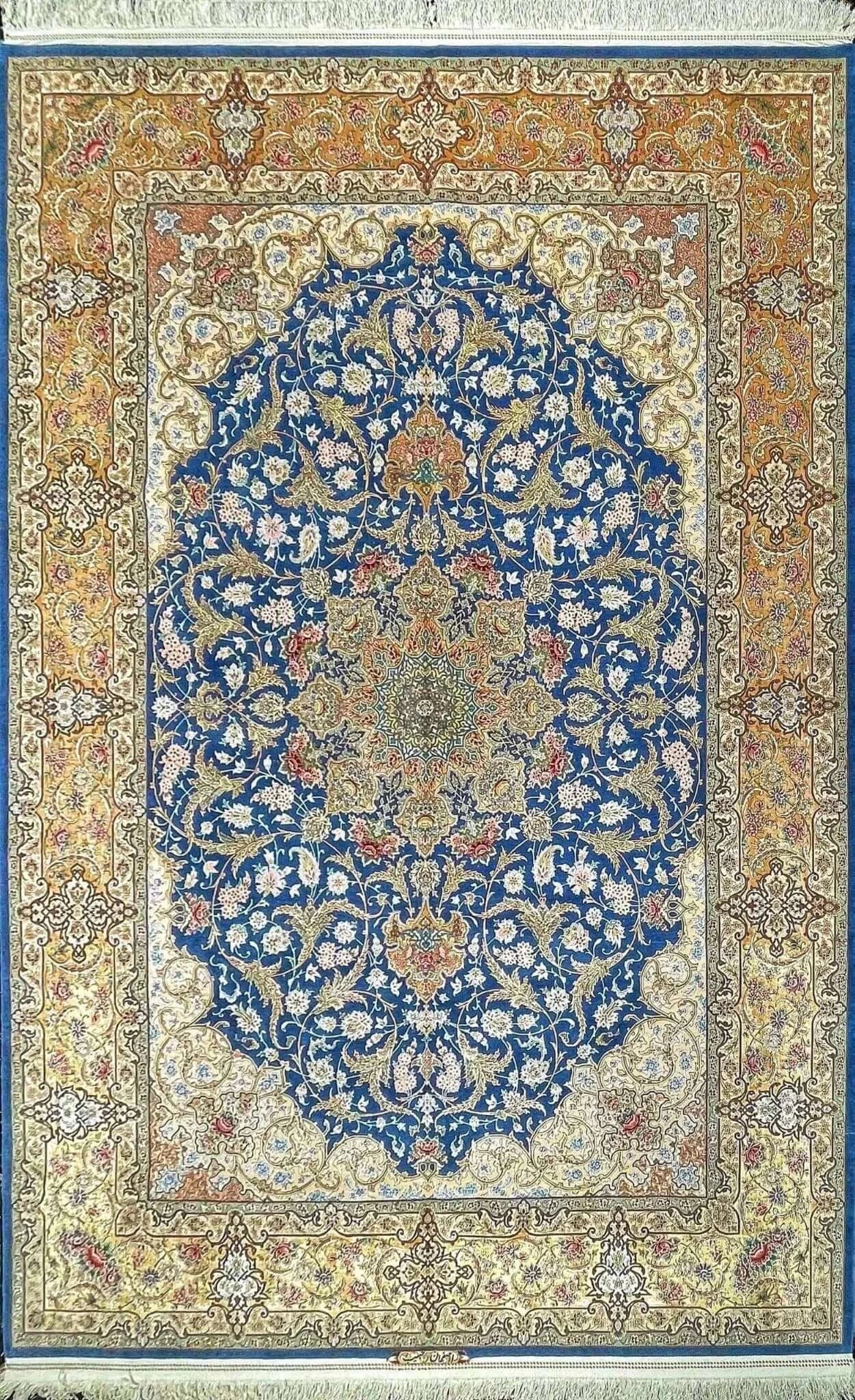 "Hand-knotted Isfahan Persian rug, made from silk and wool, featuring traditional luxury design."